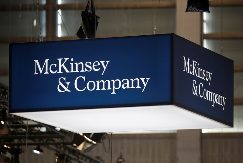 FILE PHOTO: The logo of consulting firm McKinsey and Company is seen at the high profile startups and high tech leaders gathering, Viva Tech,in Paris, France May 16, 2019. REUTERS/Charles Platiau/ File Photo