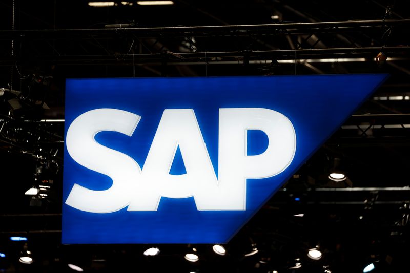 FILE PHOTO: A logo on the SAP exhibition space at the Viva Technology conference dedicated to innovation and startups at Porte de Versailles exhibition center in Paris, France June 15, 2022. REUTERS/Benoit Tessier/ File Photo
