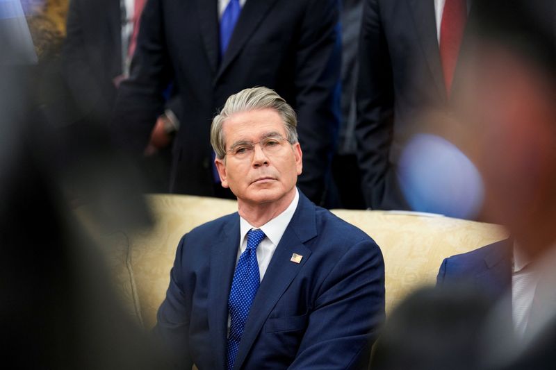 FILE PHOTO: U.S. Treasury Secretary Scott Bessent attends a meeting between President Donald Trump and Philippine President Ferdinand Marcos Jr., in the Oval Office at the White House in Washington, D.C., U.S., July 22, 2025. REUTERS/Kent Nishimura/File photo