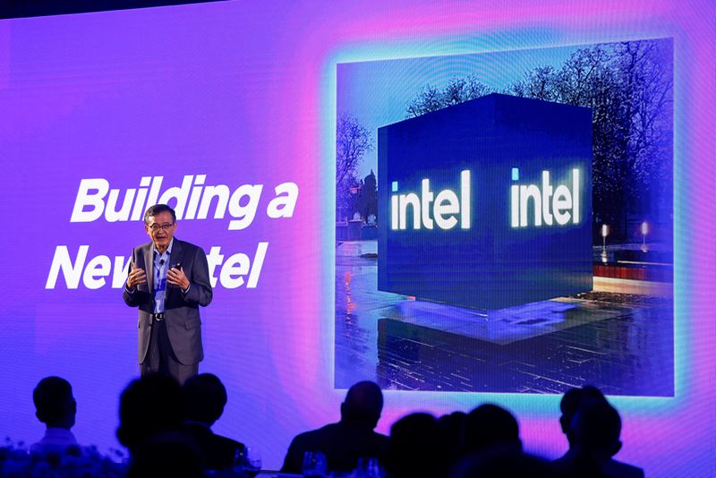 FILE PHOTO: Intel CEO Lip-Bu Tan makes a speech on stage in Taipei, Taiwan May 19, 2025. REUTERS/Ann Wang/File photo
