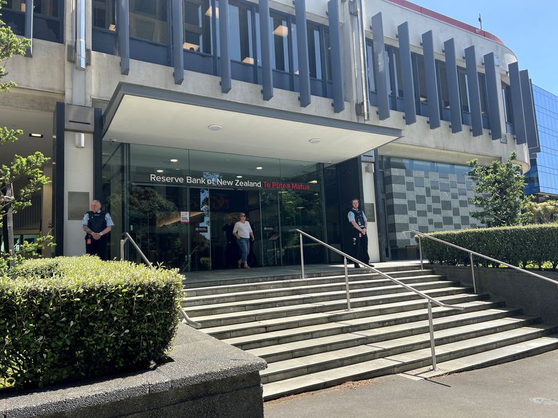 FILE PHOTO: View of an entrance to the Reserve Bank of New Zealand in Wellington, New Zealand November 10, 2022. REUTERS/Lucy Craymer/File Photo