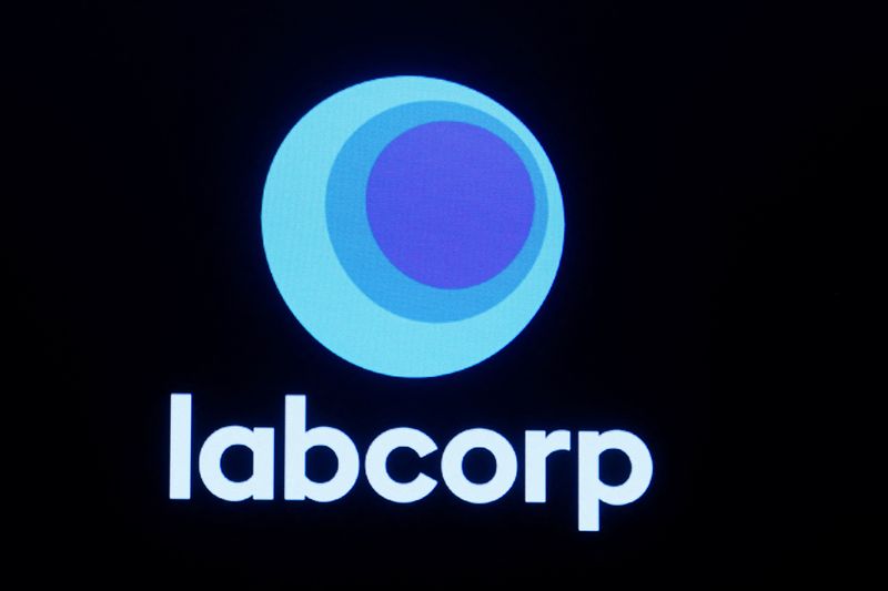 FILE PHOTO: The logo for Labcorp, Laboratory Corporation of America, a life sciences company is displayed on a screen on the floor of the New York Stock Exchange (NYSE) in New York City, U.S., June 22, 2023.  REUTERS/Brendan McDermid/File photo