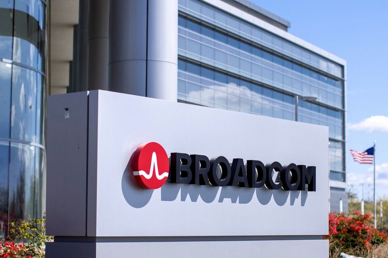 FILE PHOTO: The Broadcom company logo is shown outside one of their office complexes in Irvine, California, U.S., March 4, 2021. REUTERS/Mike Blake/File Photo