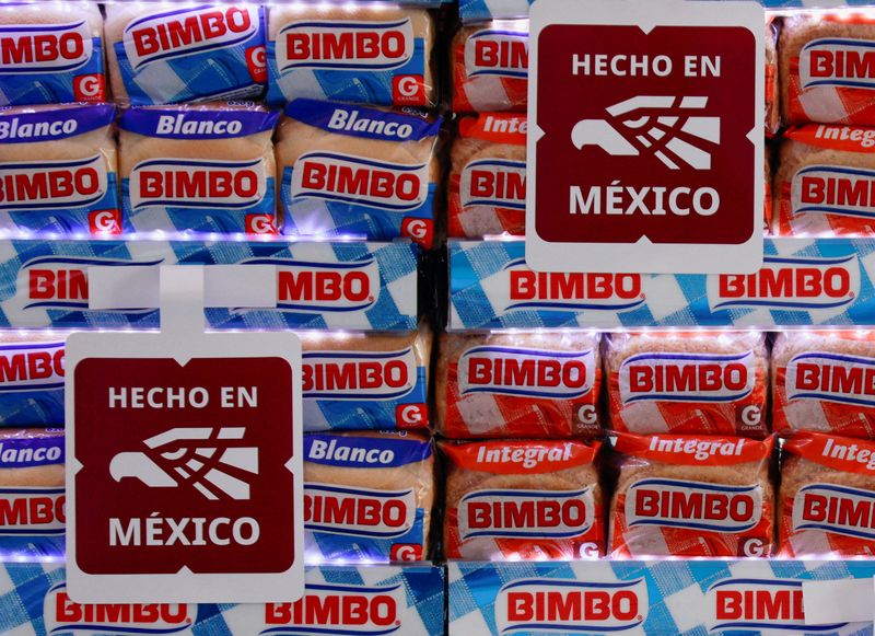 FILE PHOTO: "Hecho en Mexico" (Made in Mexico) logos are pictured on loaves of bread from Mexican bread maker Grupo Bimbo during an event at a Bimbo plant where the ''Made in Mexico'' certification was awarded to Mexican breadmaker Grupo Bimbo as part of the "Hecho en Mexico" (Made in Mexico) program to boost national industry, in Azcapotzalco, Mexico City, Mexico April 11, 2025. REUTERS/Henry Romero/File Photo