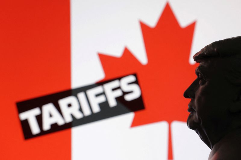 A 3D-printed miniature model of U.S. President Donald Trump, the Canada flag and the word "Tariffs" are seen in this illustration taken July 23, 2025. REUTERS/Dado Ruvic/Illustration