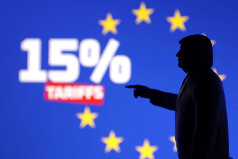 A 3D-printed miniature of U.S. President Donald Trump, EU flag and words "15% tariffs" are seen in this illustration taken July 27, 2025. REUTERS/Dado Ruvic/Illustration