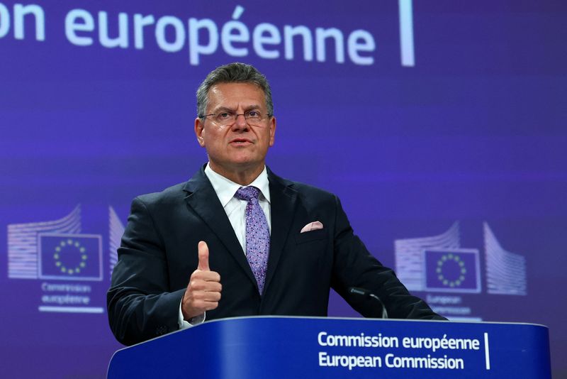 European Commissioner for Trade Maros Sefcovic attends a press conference on EU-US trade deal, in Brussels, Belgium, July 28, 2025. REUTERS/Yves Herman
