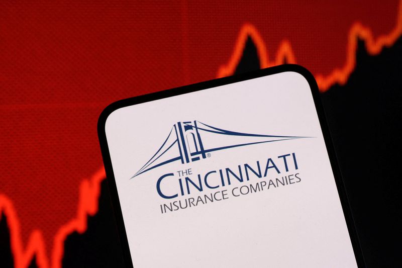 FILE PHOTO: The Cincinnati Financial logo and a rising stock graph are seen in this illustration taken on January 31, 2025. REUTERS/Dado Ruvic/Illustration/File Photo