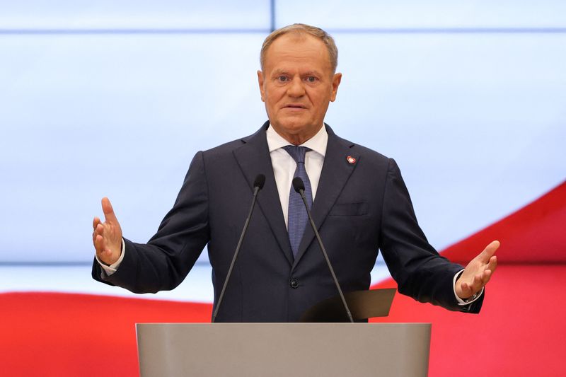 FILE PHOTO: Polish Prime Minister Donald Tusk speaks during a press conference announcing changes in his government in Warsaw, Poland, July 23, 2025. REUTERS/Kuba Stezycki/ File Photo