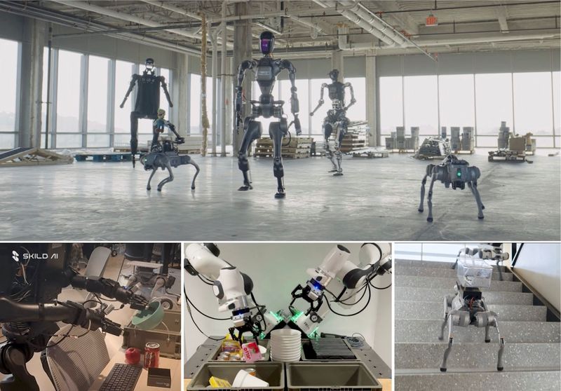 A collage of Skild AI's robots shows them in action, sorting dishes and climbing stairs, in this handout released on July 29, 2025.   Skild AI/Handout via REUTERS