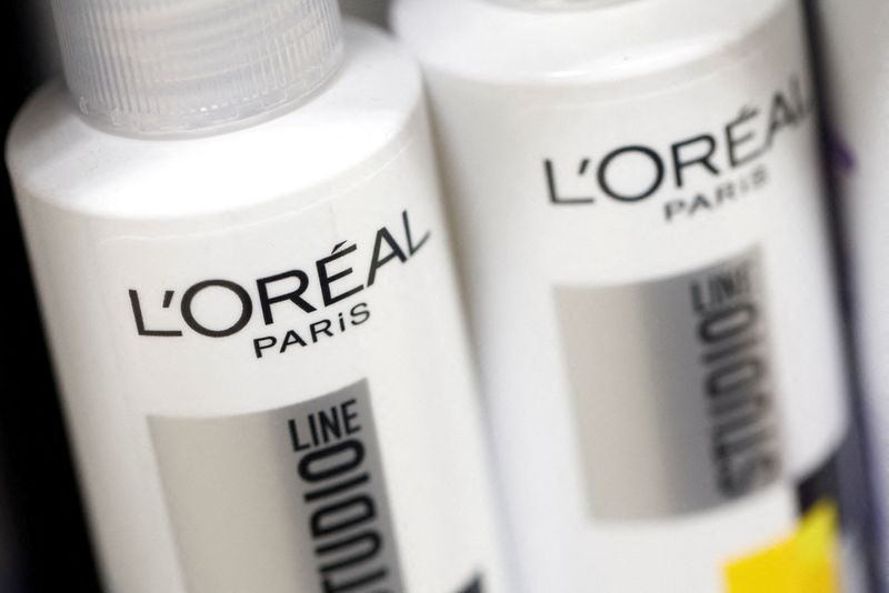 FILE PHOTO: The logo of L'Oreal is seen on beauty products in a supermarket in Chanverrie, France, October 16, 2024. REUTERS/Stephane Mahe/File Photo