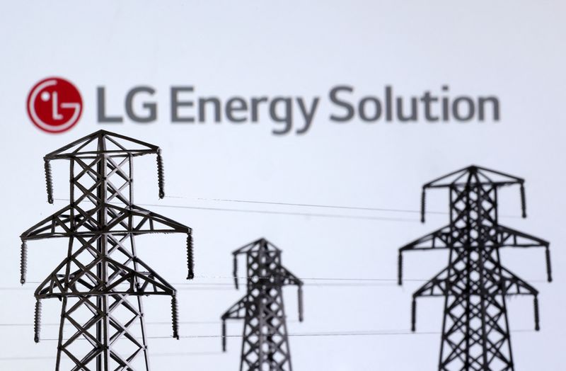 FILE PHOTO: Electric power transmission pylon miniatures and LG Energy Solution logo are seen in this illustration taken, December 9, 2022. REUTERS/Dado Ruvic/Illustration/File Photo
