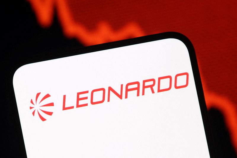 FILE PHOTO: Leonardo logo and a decreasing stock graph are seen in this illustration taken July 26, 2025. REUTERS/Dado Ruvic/Illustration/File Photo