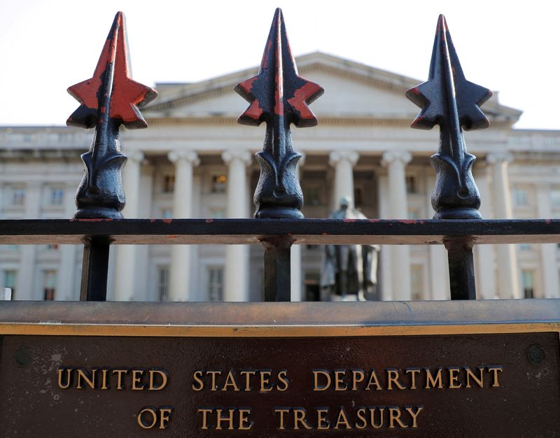 FILE PHOTO: A sign marks the U.S Treasury Department in Washington, U.S., August 6, 2018.     REUTERS/Brian Snyder/File Photo