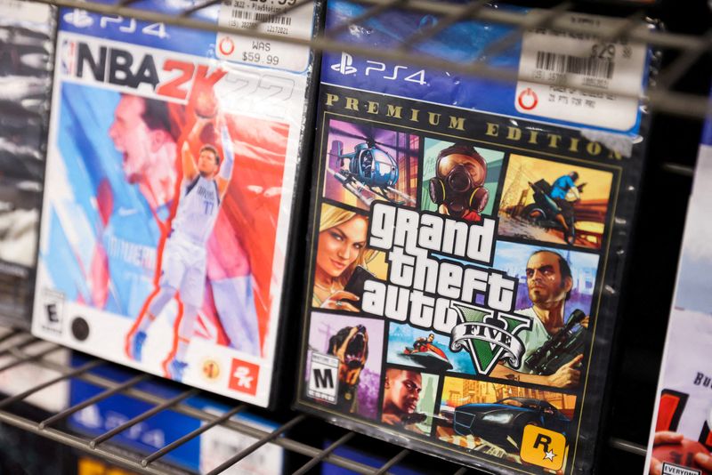 FILE PHOTO: NBA 2K22 and Grand Theft Auto 5 by Take-Two Interactive Software Inc are seen for sale in a store in Manhattan, New York City, U.S., February 7, 2022. REUTERS/Andrew Kelly/File Photo
