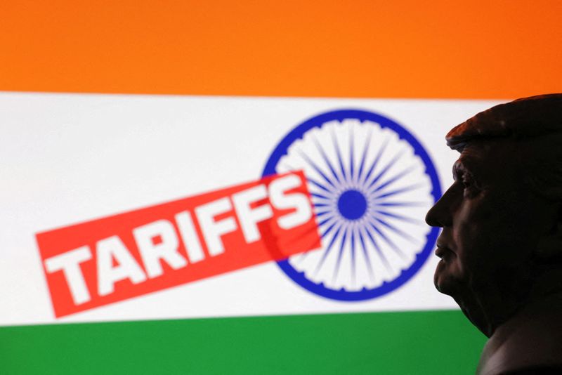 FILE PHOTO: A 3D-printed miniature model of U.S. President Donald Trump, the Indian flag and the word "Tariffs" are seen in this illustration taken July 23, 2025. REUTERS/Dado Ruvic/Illustration/File Photo