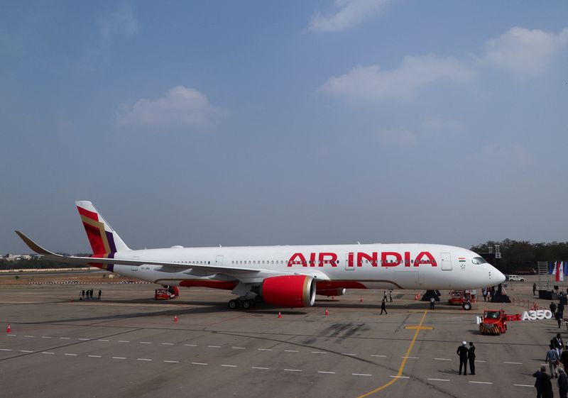 FILE PHOTO: An Air India Airbus A350 aeroplane is displayed at Wings India 2024 aviation at Begumpet airport, Hyderabad, India, January 18, 2024. REUTERS/Almaas Masood/File Photo