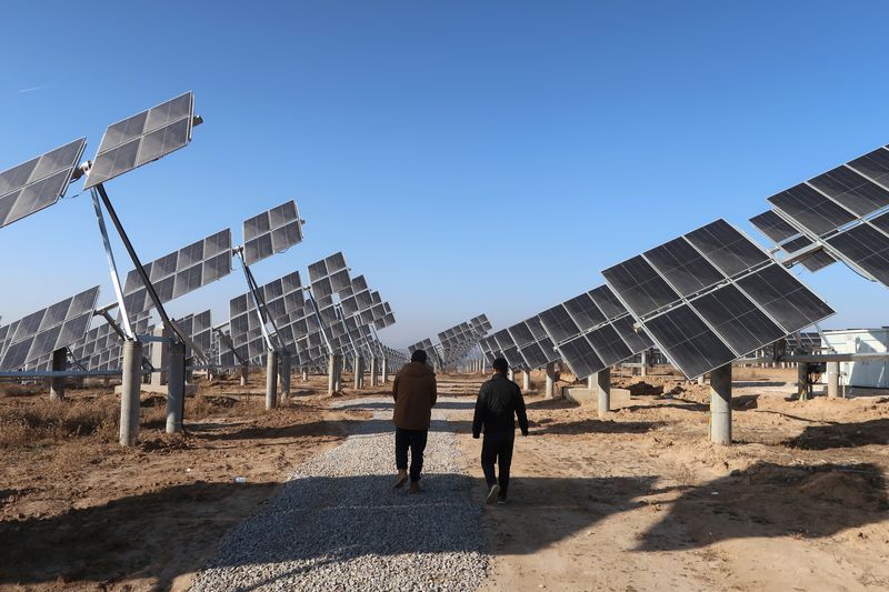 Workers walk at a solar power station in Tongchuan, Shaanxi province, China December 11, 2019. Picture taken December 11, 2019. REUTERS/Muyu Xu/ File Photo