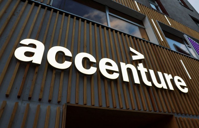 FILE PHOTO: The logo of Accenture is displayed on a building, on the first day of the annual meeting in Davos, Switzerland, January 15, 2024. REUTERS/Denis Balibouse/File Photo