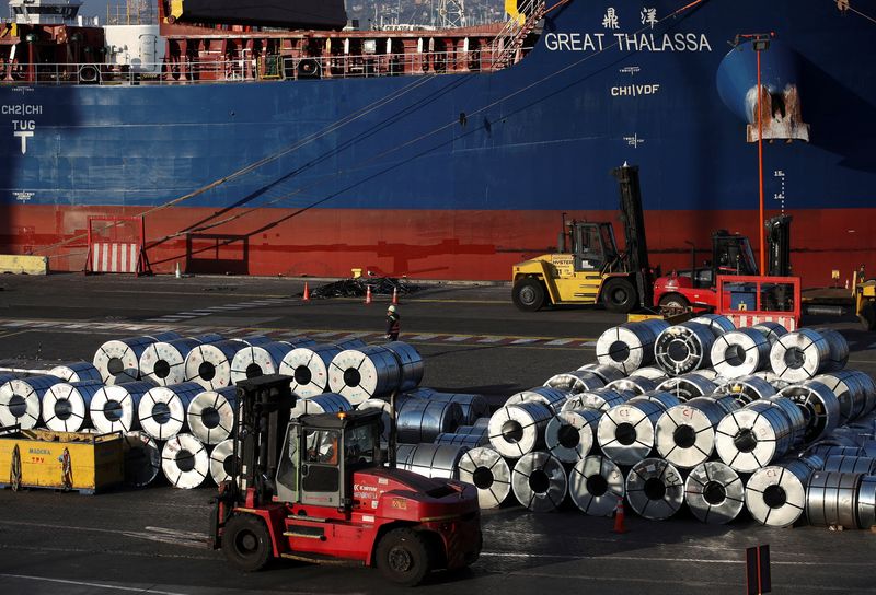 FILE PHOTO: Steel rolls from China are seen after being unloaded at the Valparaiso port, Chile July 10, 2025. REUTERS/Rodrigo Garrido/File Photo