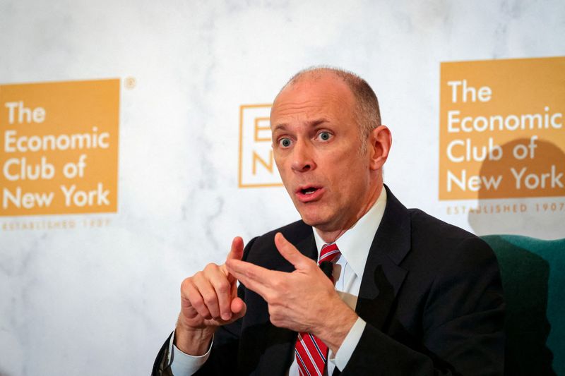 FILE PHOTO: Chicago Federal Reserve President Austan Goolsbee speaks to the Economic Club of New York in New York City, U.S., April 10, 2025. REUTERS/Brendan McDermid/File Photo