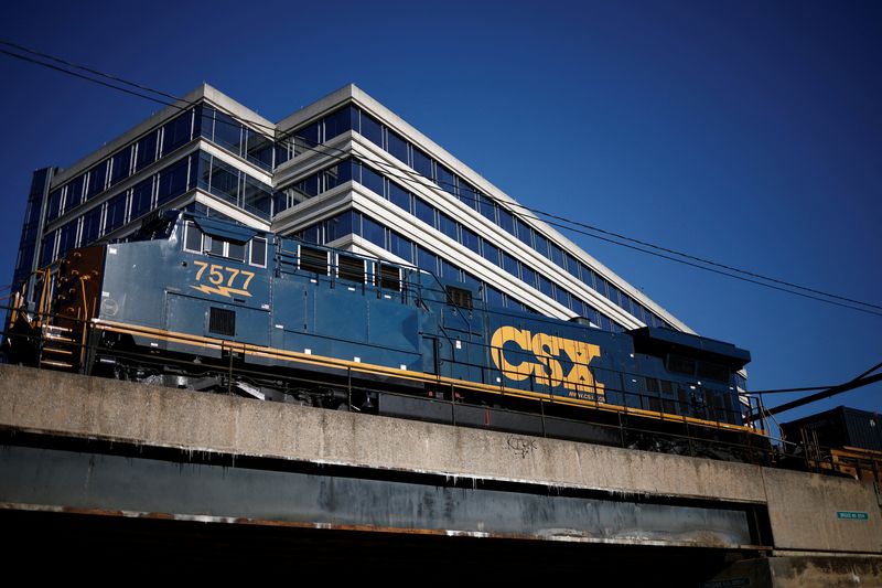 FILE PHOTO: A CSX freight train travels in Washington, U.S., December 14, 2024. REUTERS/Benoit Tessier/File Photo