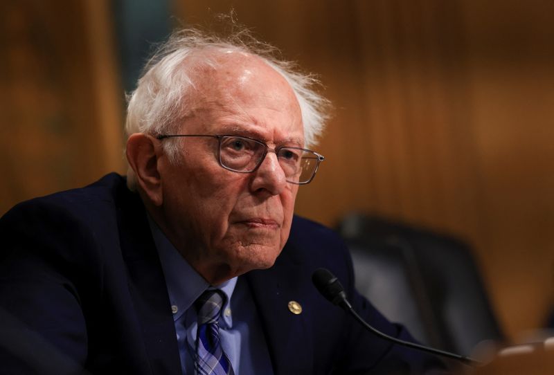 FILE PHOTO: U.S. Senator Bernie Sanders (I-VT) listens as U.S. Trade Representative Jamieson Greer testifies before a Senate Finance Committee hearing on U.S. President Donald Trump's trade policy, on Capitol Hill in Washington, D.C., U.S., April 8, 2025. REUTERS/Kevin Mohatt/File Photo