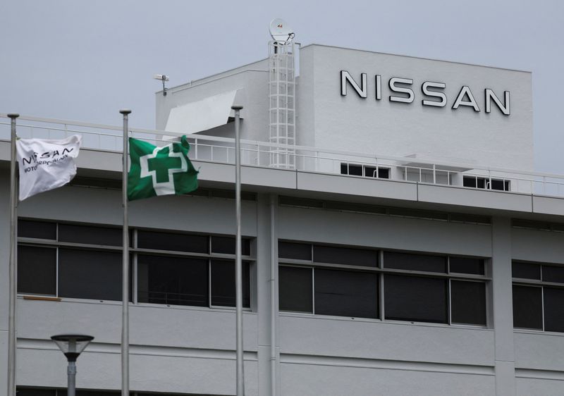 FILE PHOTO: Nissan logo is seen atop of a building at Nissan Motor's Oppama plant in Yokosuka, Tokyo, Japan May 23, 2025.  REUTERS/Issei Kato/File Photo