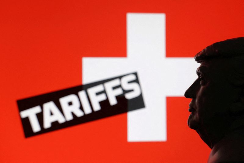 FILE PHOTO: A 3D-printed miniature model of U.S. President Donald Trump, the Switzerland flag and the word "Tariffs" are seen in this illustration taken July 23, 2025. REUTERS/Dado Ruvic/Illustration/File Photo