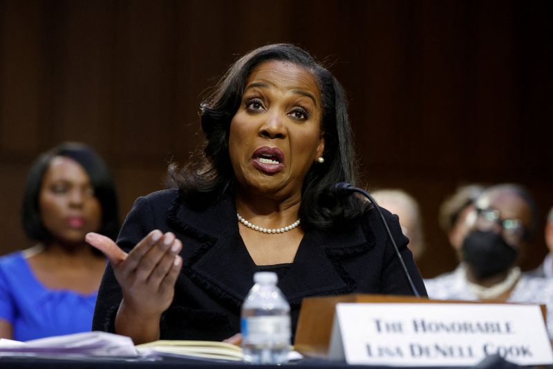 FILE PHOTO: Lisa Cook testifies before a Senate Banking Committee hearing on her nomination to be a member of the Federal Reserve Board of Governors (for a second term), on Capitol Hill in Washington, U.S., June 21, 2023. REUTERS/Jonathan Ernst/File Photo