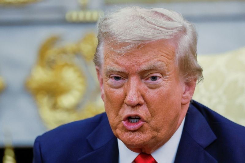 U.S. President Donald Trump attends a meeting with South Korean President Lee Jae Myung (not pictured) at the Oval Office, at the White House, in Washington, D.C., U.S., August 25, 2025. REUTERS/Brian Snyder