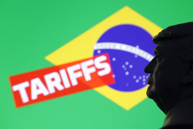 FILE PHOTO: A 3D-printed miniature model of U.S. President Donald Trump, the Brazil flag and the word "Tariffs" are seen in this illustration taken July 23, 2025. REUTERS/Dado Ruvic/Illustration/File Photo