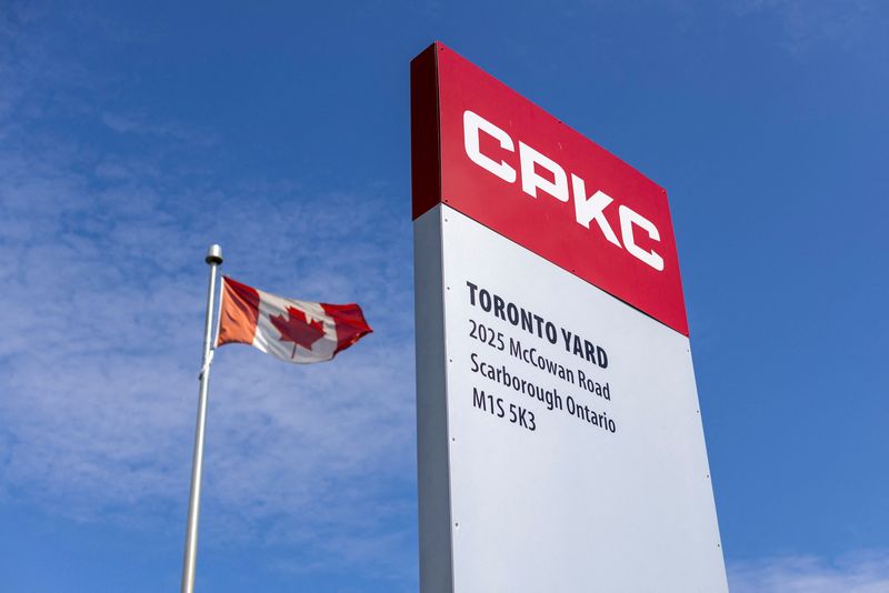 FILE PHOTO: A flag flies at the Canadian Pacific Kansas City (CPKC) Toronto yard, in Toronto, Ontario, Canada August 22, 2024. REUTERS/Carlos Osorio/File Photo
