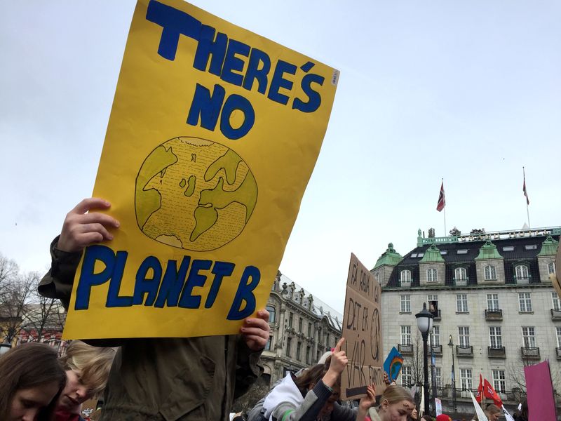 FILE PHOTO: A student holds a placard during a protest against climate change in front of the Parliament building  in Oslo, Norway March 22, 2019. REUTERS/Nerijus Adomaitis/File Photo