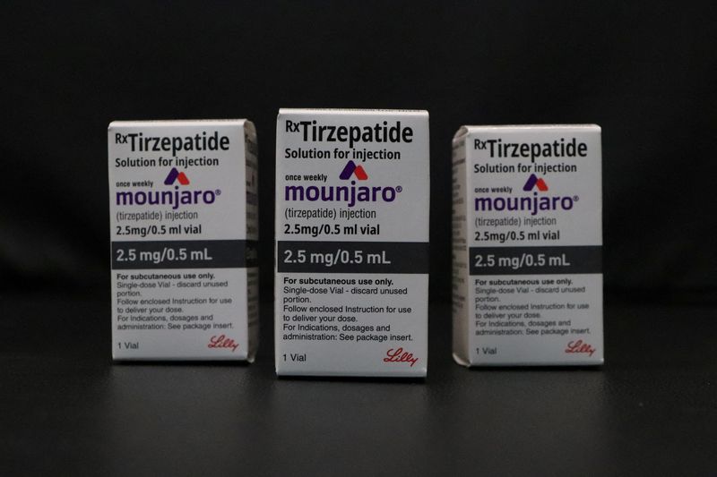 FILE PHOTO: Vials of Eli Lilly's Mounjaro, a tirzepatide injection drug used for treating type 2 diabetes and weigh loss, are placed on a table for a photograph in a health clinic in Hyderabad, India, April 14, 2025. REUTERS/Almaas Masood/File Photo