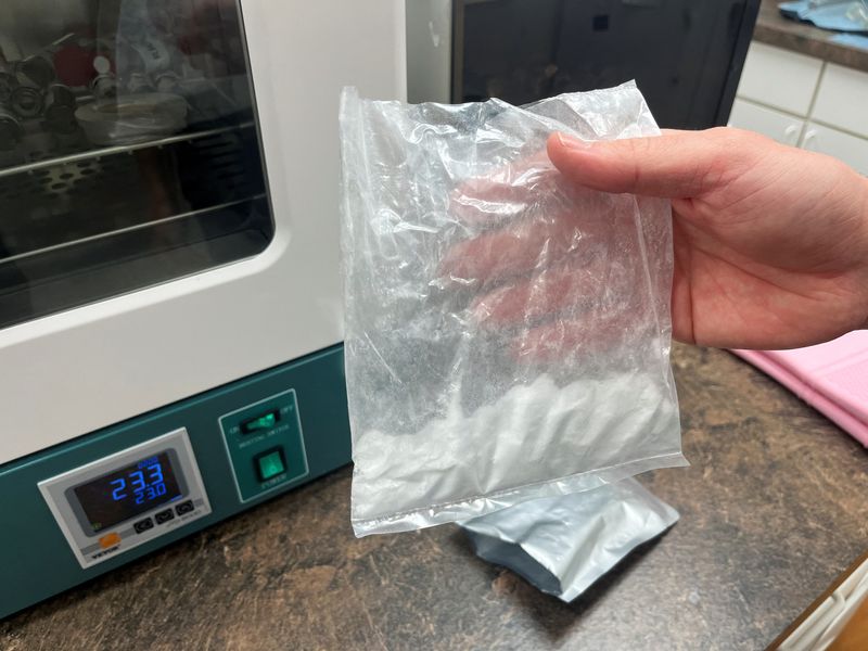 A partly-used, 10 gram bag of semaglutide powder made by China-based Sinopep-Allsino Biopharmaceutical, is pictured at a compounding pharmacy in Arlington, Virginia, U.S. December 6, 2024. REUTERS/Patrick Wingrove