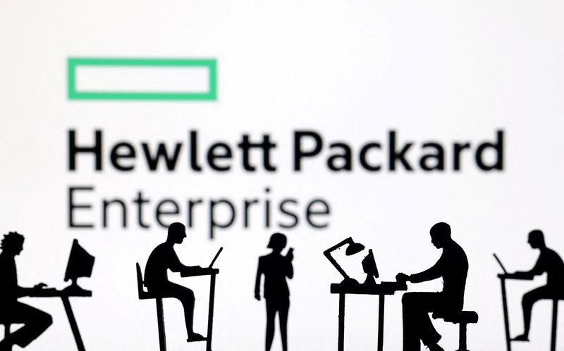 Figurines with computers and smartphones are seen in front of Hewlett Packard Enterprise logo in this illustration taken, February 19, 2024. REUTERS/Dado Ruvic/Illustration