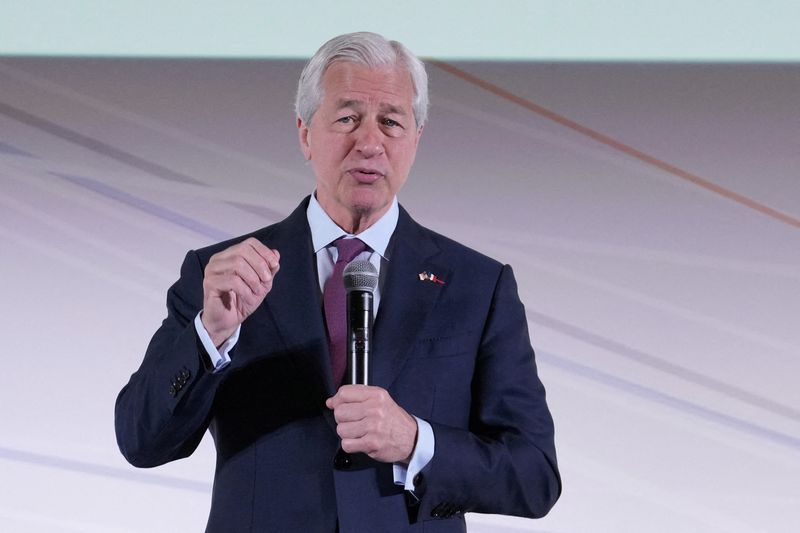 FILE PHOTO: JPMorgan Chase CEO Jamie Dimon speaks during the Global Markets Conference in Paris, France, May 15, 2025. Michel Euler/Pool via REUTERS/File Photo