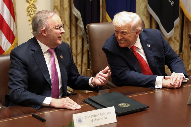 U.S. President Donald Trump meets with Australia's Prime Minister Anthony Albanese in the Cabinet Room at the White House, in Washington, D.C., U.S., October 20, 2025. REUTERS/Kevin Lamarque