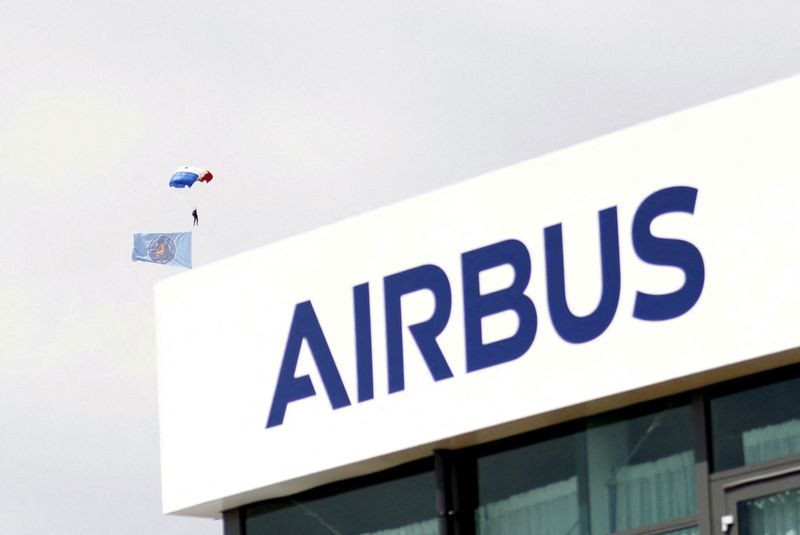 FILE PHOTO: The Airbus logo at the company's pavilion during the 55th edition of the International Paris Air Show at the Paris-Le Bourget Airport, in Le Bourget, near Paris, France, June 20, 2025. MOHAMMED BADRA/Pool via REUTERS/File Photo