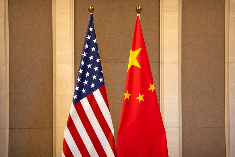 United States and Chinese flags are set up before a meeting in Beijing, China, Saturday, July 8, 2023.  Mark Schiefelbein/Pool via REUTERS