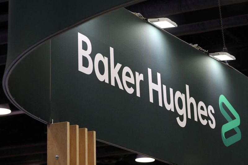 The logo of energy services firm Baker Hughes is displayed during the LNG 2023 energy trade show in Vancouver, British Columbia, Canada, July 12, 2023. REUTERS/Chris Helgren