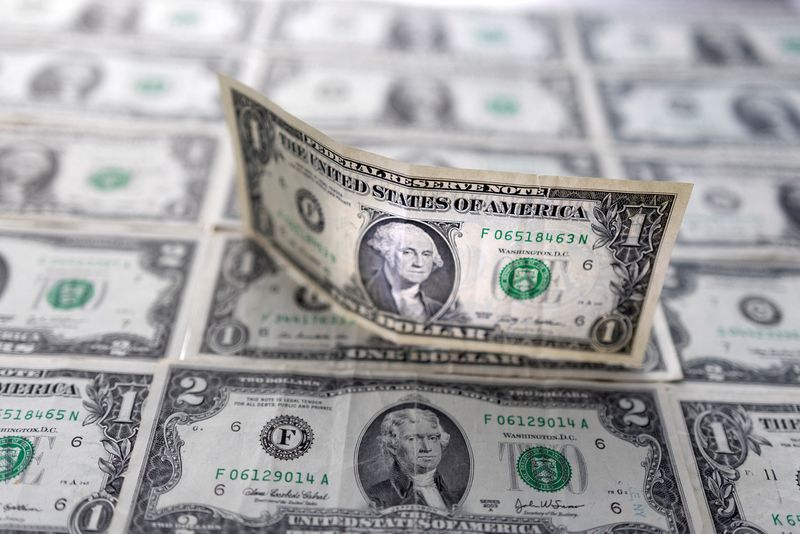 FILE PHOTO: U.S. dollar banknotes are displayed in this illustration taken, February 14, 2022. REUTERS/Dado Ruvic/Illustration/File Photo