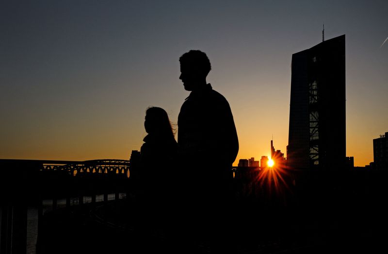 The sun sets behind the skyline and the headquarter of the European Central Bank (ECB) in Frankfurt, Germany, April 6, 2025.  REUTERS/Kai Pfaffenbach