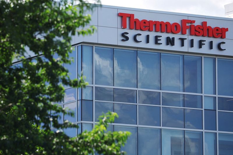 FILE PHOTO: A sign marks the offices of Thermo Fisher Scientific offices in Waltham, Massachusetts, U.S., August 2, 2023.     REUTERS/Brian Snyder/File Photo