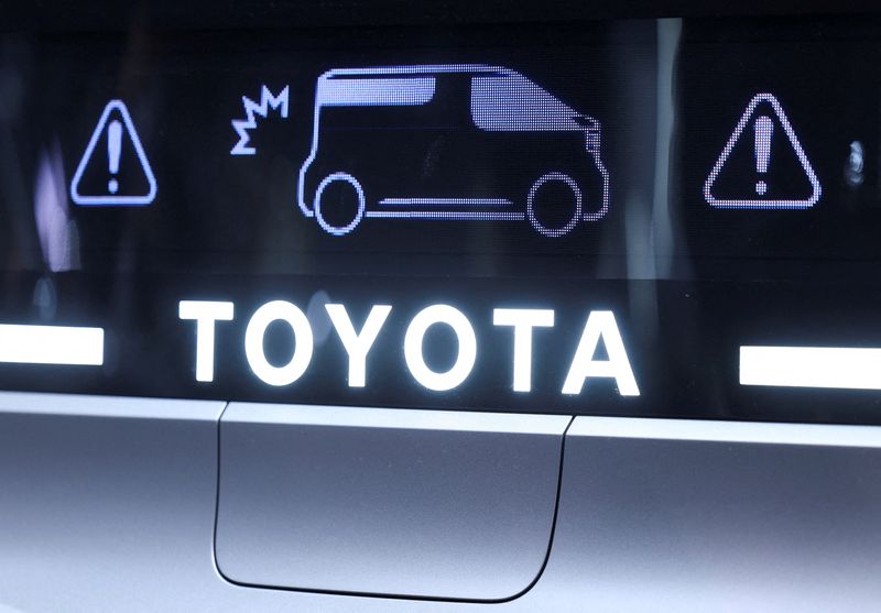 FILE PHOTO: A display screen at the front of Toyota Motor's Kayoibako concept, a versatile vehicle with a wheelchair-accessible design and sliding doors, at the Toyota booth, during a press day of the Japan Mobility Show 2025, at Tokyo Big Sight, in Tokyo, Japan, October 29, 2025. REUTERS/Issei Kato/File Photo