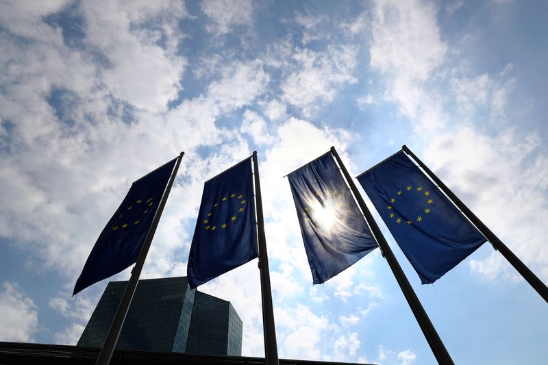 Flags in front of the European Central Bank (ECB) before a news conference at the ECB headquarters in Frankfurt, Germany, April 27, 2017.     REUTERS/Kai Pfaffenbach