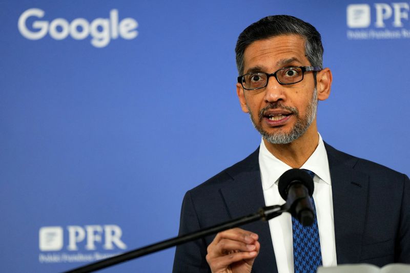 Alphabet and Google CEO Sundar Pichai speaks to media at Google Campus in Warsaw, Poland, February 13, 2025. REUTERS/Aleksandra Szmigiel