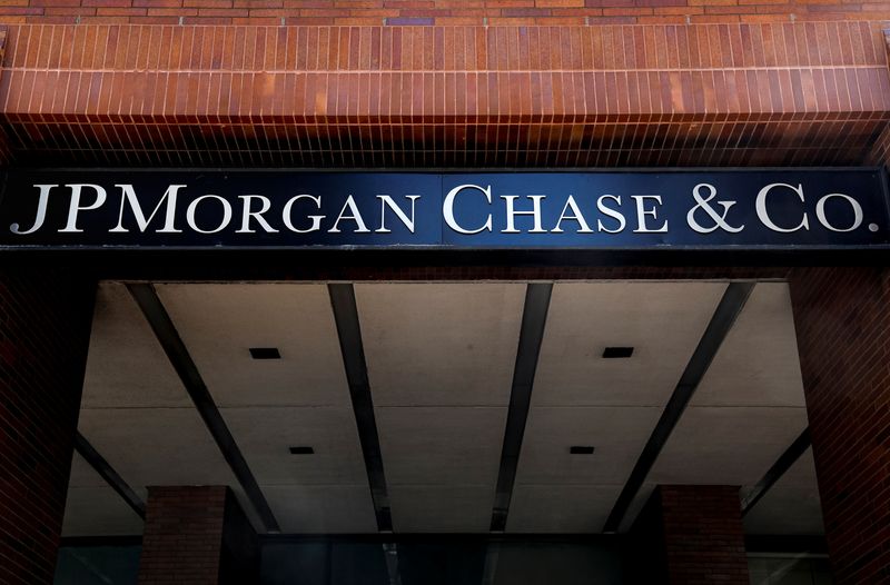 A sign outside JP Morgan Chase & Co. offices is seen in New York City, U.S., March 29, 2021.  REUTERS/Brendan McDermid