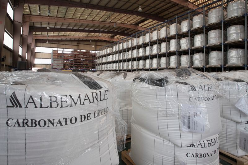 Sacks of Lithium Carbonate sit in a warehouse of the Lithium Conversion plant of U.S. lithium producer Albemarle during the visit of U.S. Treasury Secretary Janet Yellen, in La Negra, Antofagasta, Chile, March 2, 2024. REUTERS/Cristian Rudolffi